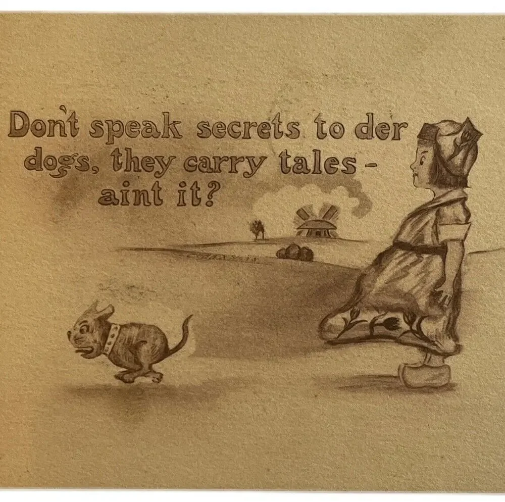 Antique 1911 Ephemera Postcard Humorous Message Dutch Girl Dog Windmill Posted